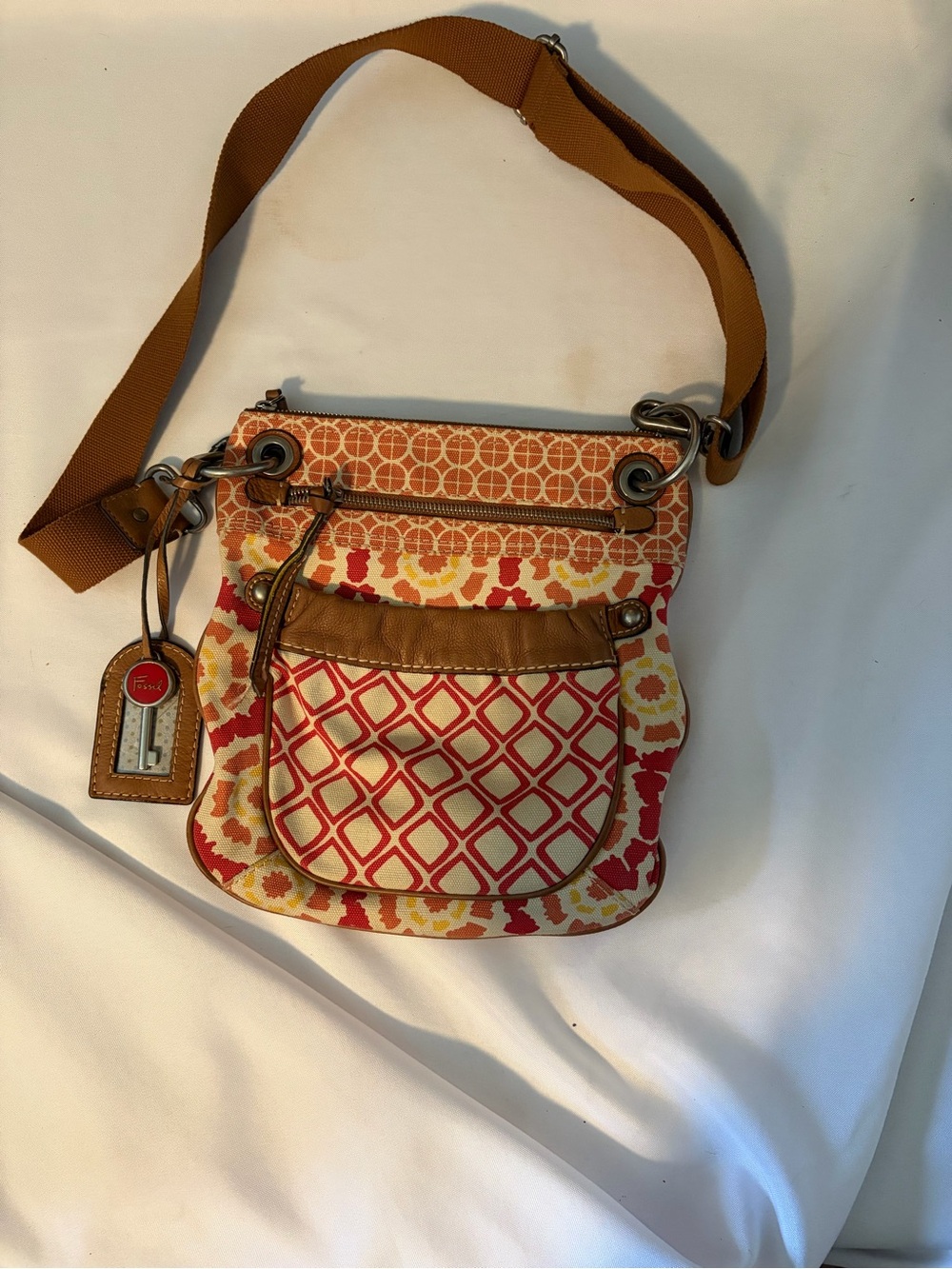 Fossil Multi-Pattern Crossbody Bag in Tan, Red and Cream